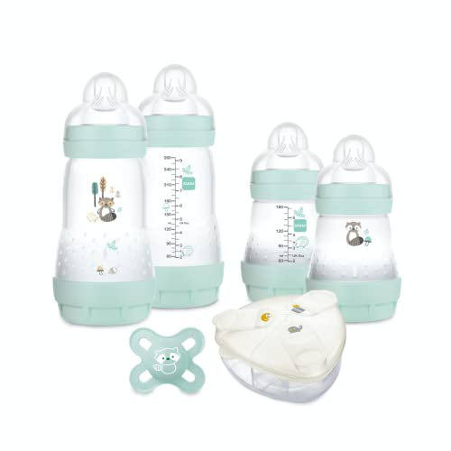 MAM Mon Coffret Naissance Nature, 4 biberons MAM Easy Start Anti-Colique+1 sucette naissance+1 boite doseuse lait, kit bébé avec biberons à tétine ultra douce, cadeau de naissance idéal, couleur aqua