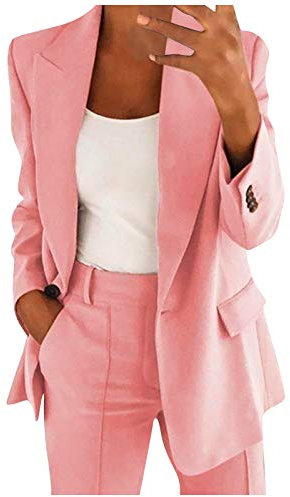 L9WEI Couleur unie Costumes Femme Élégant Manches Longues Blazer Veste Manteau Business Costume Ensemble Entreprise Costume Veste Mode Couleur unie Bureau Veste Open Front, Rose, XL