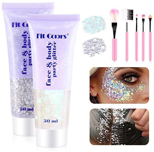 Body Glitter Gel 2 x 50ml Set, PAMIYO Festival Glitzer Gesicht Mermaid Sequins Chunky mit Pinsel, Long Lasting Glitter Powder for Festival Masquerade Birthday Makeup Outfit Damen (White+Silver)