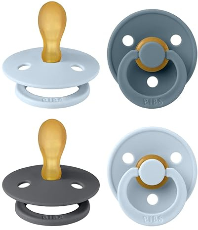 BIBS Colour Symmetrical Soother 4-Pack, BPA Free Dummy Pacifier, Symmetrical Nipple. Natural Rubber Latex, Made in Denmark. 6-18 Months (Pack of 4), Baby Blue Mix | Natural Rubber Latex | Size 2 | BPA-Free | Made in Denmark | High Teat Acceptance | Airflow Holes | Comfort Shield
