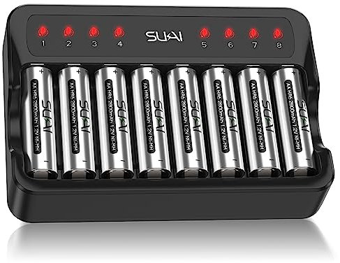 SUKAI 8 Bays AA AAA Battery Charger with 8 Counts 2800mAh AA NI-MH Rechargeable Batteries, Rechargeable Battery and Charger Set (Micro USB and Type C Input, Independent Slot)