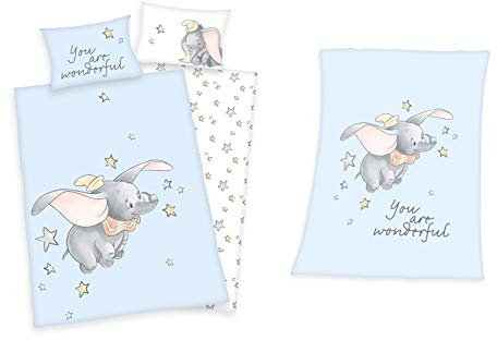 - Baby Geschenkset: Disney Dumbo Bettwäsche 40x60cm 100x135cm und Flauschdecke 75x100cm, hellblau