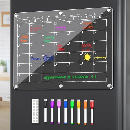 Tmtamye Acrylic Magnetic Calendar for Refrigerator, Clear Monthly Planner and Dry Erase Calendar for Fridge with 8 Colors of Markers, 14.2x10.2