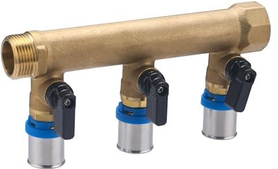 Colector macho-hembra 3/4 con 3 salidas multicapa a prensar Ø20 y válvulas | Latón | Conexión segura, duradera y precisa | Ideal para fontanería | Fácil instalación | QUICK PLOMBERIE