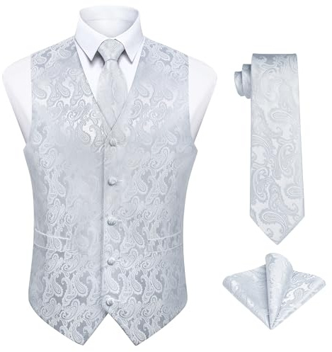 Enlision Herren Weste Weiss Paisley Floral Jacquard Weste mit Krawatte und Einstecktuch Taschentuch Weste Anzug Set Hochzeit,L