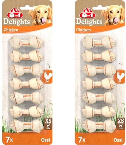 8in1 Delights Chicken Knochen XS - gesunde Kauknochen für mini Hunde, hochwertiges Hähnchenfleisch eingewickelt in Rinderhaut, 7 Stück (Packung mit 2)