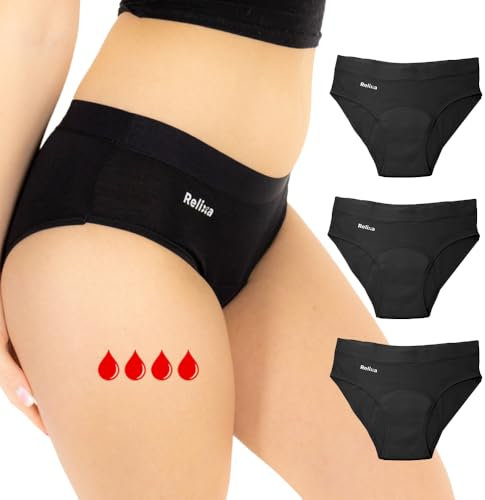Relixa Periodenunterschwäsche Starke Blutung perioden Unterhosen Damen und Mädchen Perioden Slip Damen Menstruationsunterwäsche Period Underwear, Hipster, 3 schwarz, XS