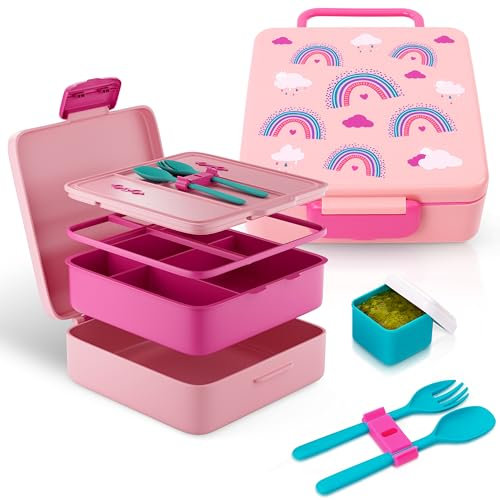 Sweety Fox Fiambrera Niños Colegio Arcoíris con Cubiertos - Niños Colegio Válido para Microondas, Sin BPA, Limpieza Sencilla - Comidas Saludables y Divertidas desde los 3 Años