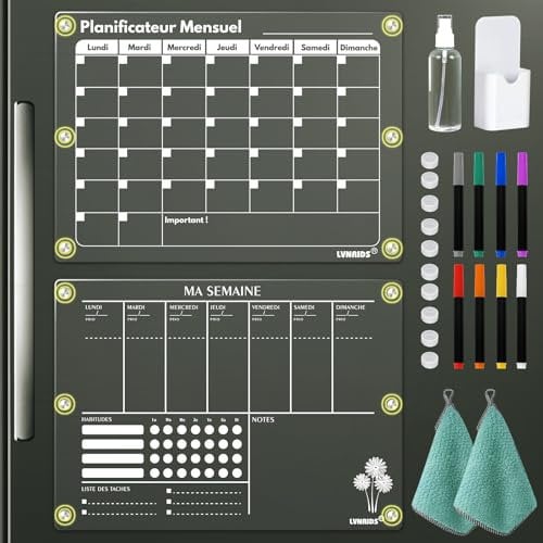 LVNRIDS 2 Pack Calendrier Frigo Transparent Magnetique en Français, 42 x 30 cm Acrylique Calendrier Magnetique Planner Frigo et Planning Semaine Magnétique Tableau Transparent