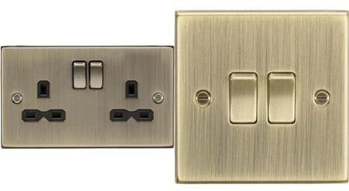 Knightsbridge CS9AB Square Edge Antique Brass 13A 2G Switched Socket with Insert, 230 V & CS3AB 10AX 2G 2 Way Plate Switch - Square Edge Antique Brass