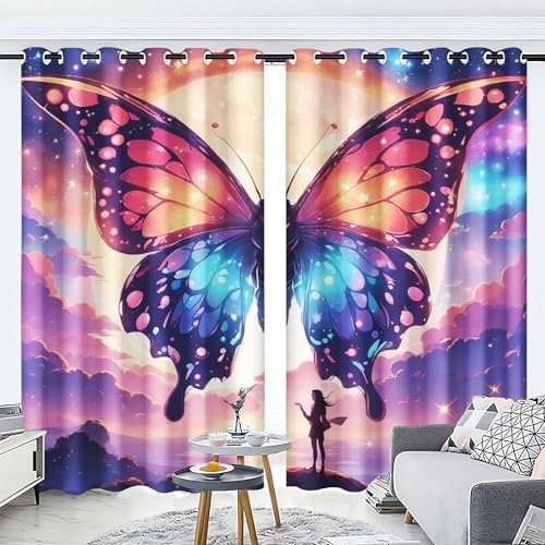 WEQEER 3D Schmetterling Verdunkelungsvorhänge Anime Schmetterlings mädchen vorhänge Mit Ösen Bunt Schmetterling Vorhänge Für Kinderzimmer, 2 Paneele (1,183x160cm(2x91x160cm))