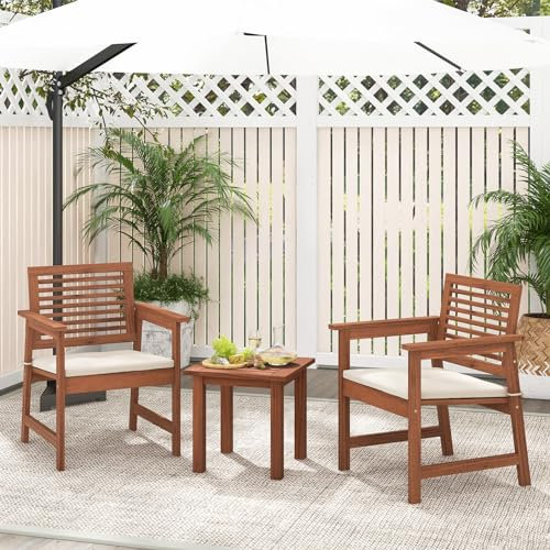 GIANTEX 3 TLG. Gartenmöbel Set Massivholz, Balkonmöbel Set 2 Personen, Gartensitzgruppe Lounge Set 2 Stühle mit Holztisch, Gartengarnitur Sitzgruppe Gartenlounge Set inkl. waschbarem Kissen