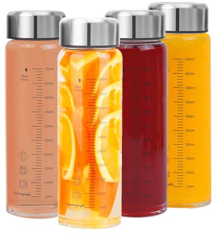 Mymanjerfu Glasflasche 600ml mit Deckel - 4er Pack, Trinkflasche Glas aus Borosilikatglas - Saftflasche, Smoothie & Shaker Becher - Bruchsicher, Spülmaschinenfest & BPA-Frei
