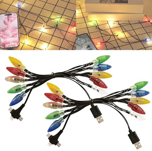 3 in 1 Christmas Light Charger, LED Christmas Light Phone Charger Cord, USB and Multicolor Bulbs Charging Cable, USB C String Light Charging Cable, Festive LED Christmas Lights Charging Cable 2PCS