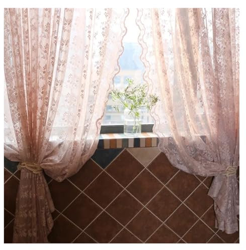 XPJYUA Spitzengardinen Blumen-Rosa-Vorhang, romantischer Jacquard, Wohnzimmer-Fenstervorhänge, Spitzen-Tüll-Vorhang for Schlafzimmer(W132xH213CM)