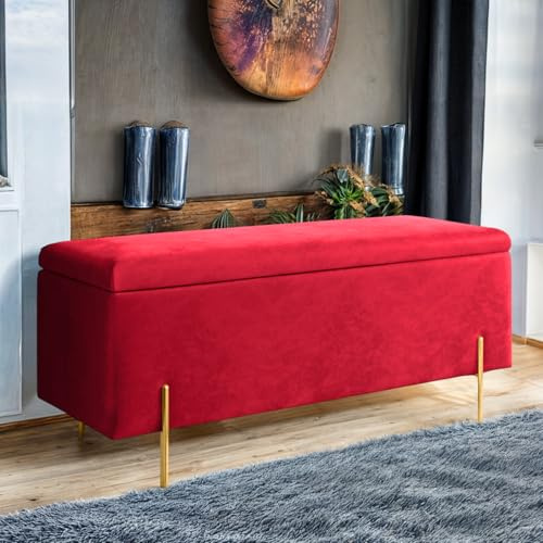 Harveys Living Ottoman Storage Box - Engineered Wood Luxurious Plain Plush Velvet Ottoman Storage Bench (Red, Plain)