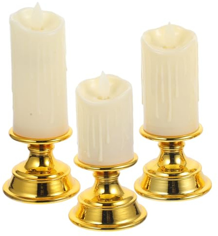 HOMSFOU 3 Stück goldenes Kerzenlicht, LED-Leuchten, LED-Lichter, flammenlose Kerzen, leichte Akku-Kronleuchter, Kerzenständer mit Kunststoff