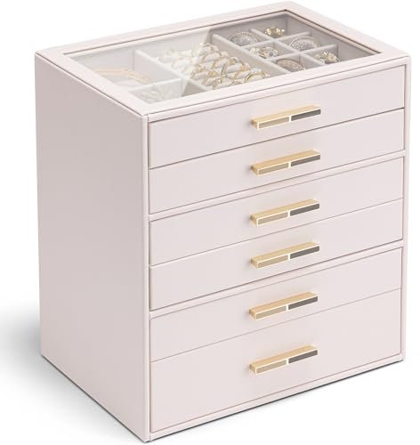 Vlando Jewellery Box for Women, Glass Lid Jewellery Organiser with 6 Drawers for Ring, Necklace, Earring, Bracelet,Gift for Women,Pink