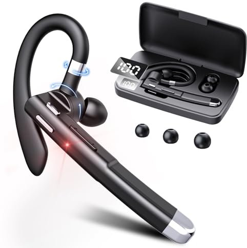 EUQQ Bluetooth Headset - Wireless Bluetooth Earpiece with Charging Case,120H Playback, Dualable Hands-Free Headphones with Built-in Mic for Work Trucker Office Meeting, Black