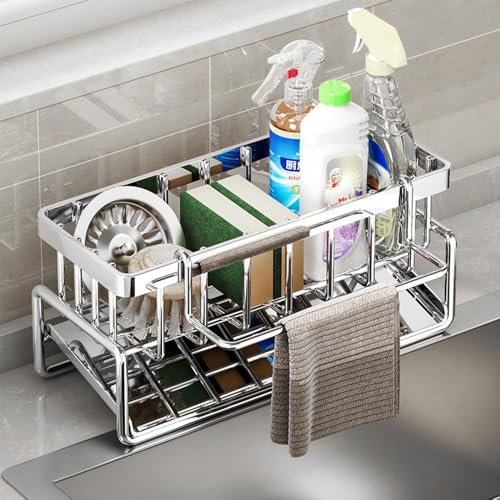Organizer Cucina per Lavello in Acciaio Inossidabile, Porta Spugne Cucina Lavello con Vaschetta di Scarico Autodrenante, Adatto per Porta Spugne, Porta Asciugamani, Organizzatore Lavello Cucina