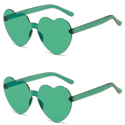 QLEUIFT 2 pcs herzförmige Sonnenbrille, randlos, herzförmig, modisch, Herz, übergroße modische Sonnenbrille, Brillen für Damen, Foto-Requisiten, Strandurlaubsparty-Requisiten (Grün)