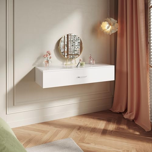 SIRHONA Étagère Murale,Étagère Murale avec Tiroirs 100x38x20cm, Tiroir Suspendu avec Poignée en Métal, Console au Mur, Table de Chevet Flottante, pour Salon, Entrée, Chambre, Blanc