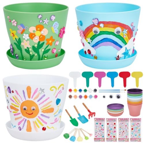 WEBEEDY 16 Sets Garden Plastic Flower Pot Craft Kit for Adult Beginner Paint and Plant Flower Gardening Kit with Plant Pots,Garden Tools,Labels,Paints,Brushes,Stickers,Spring Creative DIY Art Project
