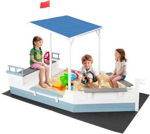 GOPLUS Bac à Sable Enfant en Bois de Sapin, Bac à Sable Exterieur en Forme de Bateau avec Auvent Incliné, Doublure, Sièges, Grand Espace de Rangement, Cabane de Jeux pour 3 à 8 Ans