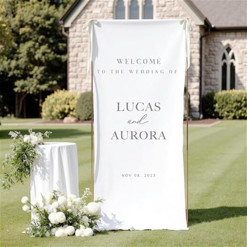 Panneau de bienvenue personnalisé en soie, bannière de mariage en plein air, panneau de bienvenue en lin, décoration de mariée (70 x 200 cm)