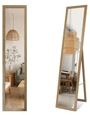 Miroir sur Toute la Longueur 36x156 cm Imitation Bois Cadre en Bois d'ingénierie Forme Rectangulaire avec Support sur Pied Moderne Autoportant pour Salon, Chambre à Coucher, Couloir, Cuisine