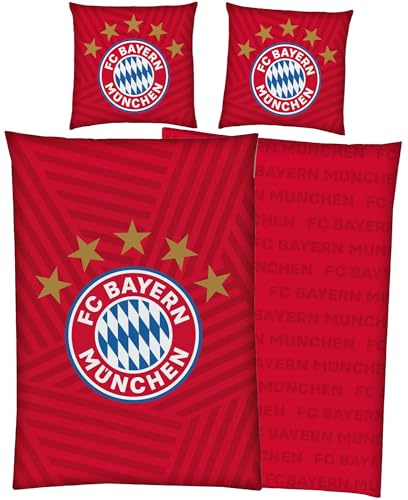 FC Bayern München Bettwäsche 5 Sterne Rot 135x200 cm + 80x80 cm 100% Baumwolle Renforcé/Linon Rekordmeister Mia san Mia Allianz Arena Fußball Fanartikel Reißverschluss Geschenkidee Kane Musiala Olise