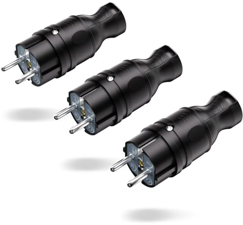 Schuko Stecker 3 Stück, IP44 Schukostecker, 250V/16A Schutzkontakt Stecker Geeignet für den Innen-und Außenbereich(Schwarz)