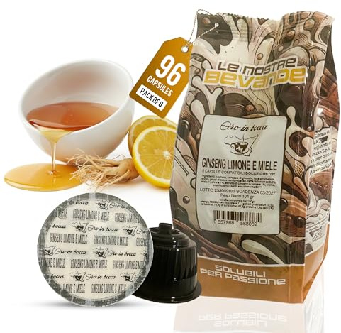 Oro in Bocca Bevanda Ginseng Miele e Limone - 96 Capsule Compatibili Dolce Gusto (12 Confezioni da 8), Bevanda Solubile Calda e Profumata, Gusto Dolce, Note Agrumate e di Miele