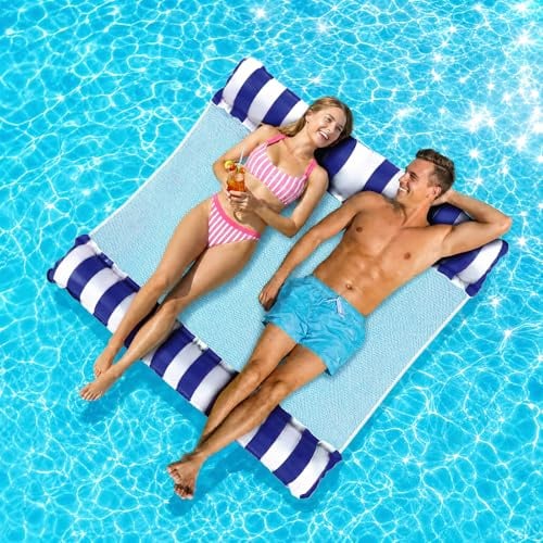 Colchoneta Hinchable Piscina para 2 Adultos, Flotadores Piscina, 132x130cm Colchoneta Inflable Flotante con Red, Plegable Hamaca de Agua Flotante para Adultos y Niños, Piscinas y Playas