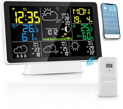 Smart Wetterstation Funk mit Außensensor Wi-Fi Hygrometer mit Großem Farbigem TFT-Bildschirm Regenmesser mit 5-Tage-Wettervorhersage Thermometer Innen Außen für Zuhause und Garten