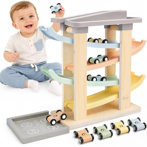 Joyreal Kugelbahn Baby Holz - Montessori Auto Spielzeug 1 2 Jahr, Kugelbahnen Holzspielzeug Kinderspielzeug Geschenk zum 1. Geburtstag Junge Mädchen Baby