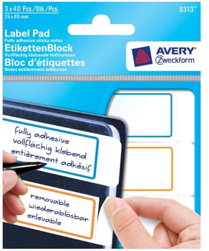 Avery Zweckform 8313 EtikettenBlöcke, Weiß mit Rahmen, Hellblau-Orange-Hellgrün, 89 x 25 mm