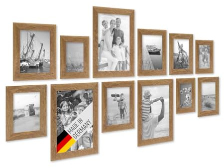 PHOTOLINI Bilderrahmen-Set Holz Eiche-Optik, 12er Rahmenset Echtholz-Rahmen rustikal, Strandhaus, Made in Germany, Echtglas, zum Aufhängen, extra Zubehör - Treibholzlook mit einem Hauch Küstenflair