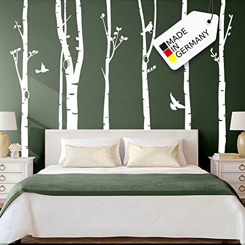 Grandora Wandtattoo XXL Birkenstämme Vögel I Gold (BxH) 267 x 250 cm I Bäume Schlafzimmer Wohnzimmer Sticker Aufkleber Wandaufkleber Wandsticker W5187