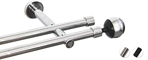 Rollmayer Moderne Gardinenstange Ø 19mm glänzend, Chrom/Weiß/Schwarz (200cm chrom rohr, 2-läufig, mit Kugel schwarz) Wandbefestigung Ohne Ringe!