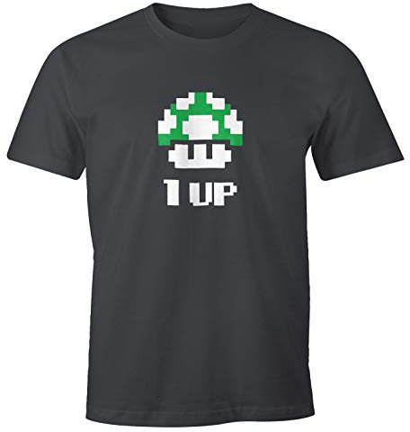 MoonWorks Herren T-Shirt Geburtstag Retro Pixel-Pilz 1-Up-Pilz Level-Up Gaming Konsole 90er Fun-Shirt dunkelgrau XL