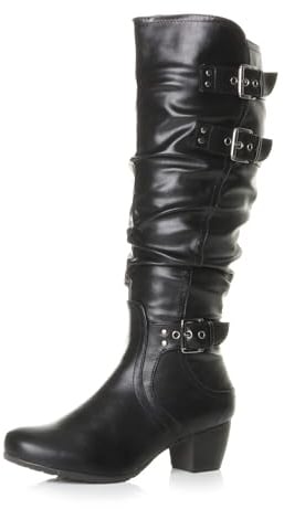 AJVANI Womens ladies mid low block heel buckle western ruched slouch zip calf knee boots size