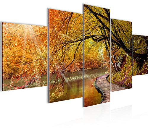 Runa Art Wandbilder Brücke am See 5 Teilig Bild auf Vlies Leinwand Deko Wohnzimmer Schlafzimmer Natur Herbst Orange 003252b