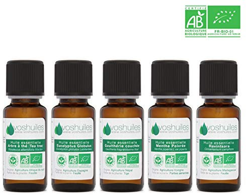 Pack de 5 Huiles Essentielles Bio - Les Indispensables pour l'Aromathérapie - Arbre à Thé, Eucalyptus Globulus, Gaulthérie Couchée, Menthe Poivrée, Ravintsara - Ecocert - HEBBD - 5x10 ml - VOSHUILES