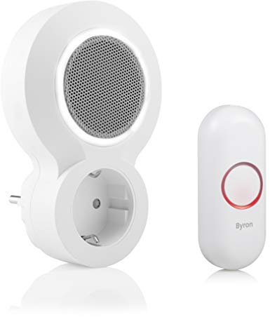 Byron DBY-23513 Funk-Türklingelset, mit Stummschalt- und visuellem Alarm, Durchsteck-Steckdose, bis zu 200 Meter Reichweite