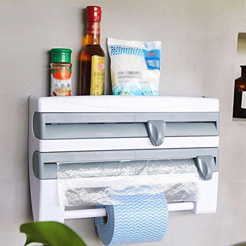 Portarotolo Cucina, Portarotoli Parat ComfortLine per 3 Rotoli, Dispenser per Rotoli da Cucina con ripiano per spezie, Taglia rotoli, Supporto a Parete per Pellicola