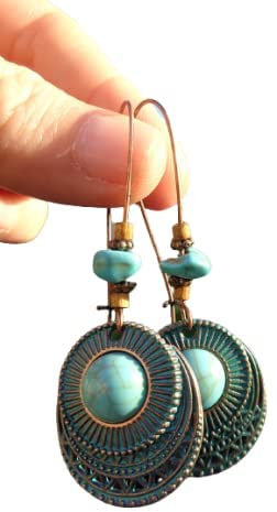 ✿ BLAUE PATINA KUPFER TRIBAL HOWLITE STEIN CABOCHON SCHEIBE AN LANGEN KIDNEY HAKEN ✿ wunderbare Ethno Ohrringe, türkise Ohrringe