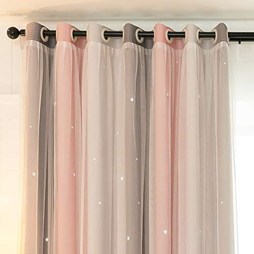 Michorinee Gardinen Kinderzimmer Blickdicht Vorhang Junge Mädchen Hohle Sterne Verdunkelung Vorhänge Farbverlauf Ösenschal Voile für Schlafzimmer, Grau Rosa 1 Stücke 158 × 132cm (H × B)