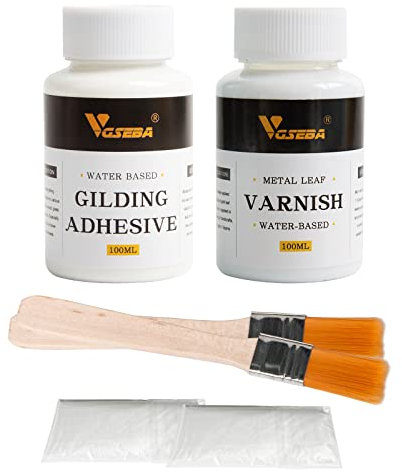 Set di adesivi per doratura a foglia d'oro, 100 ml di colla per foglie in metallo a base d'acqua e vernice da 100 ml per uso artistico (200 ml + 2 pennelli + 2 guanti)