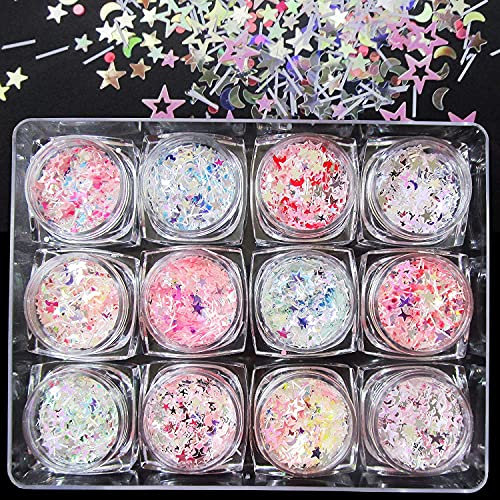 Aslanka Paillettes per Unghie, 12 Colori Paillettes per Stelle e luna, Brillantini per Decorazioni per Viso, Corpo, Occhi, Capelli, Unghie e Arte Fai da te